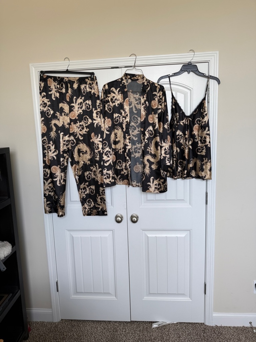 Black & Gold Floral Satin 3-Piece Pajama Set